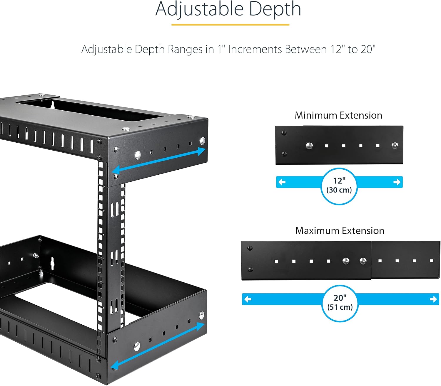 StarTech.com 8U 19' Wall Mount Network Rack - Adjustable Depth 12-20' 2 Post Open Frame Server Room Rack for AV/Data/ IT Communication/Computer Equipment/Switch w/Cage Nuts & Screws (RK812WALLOA)