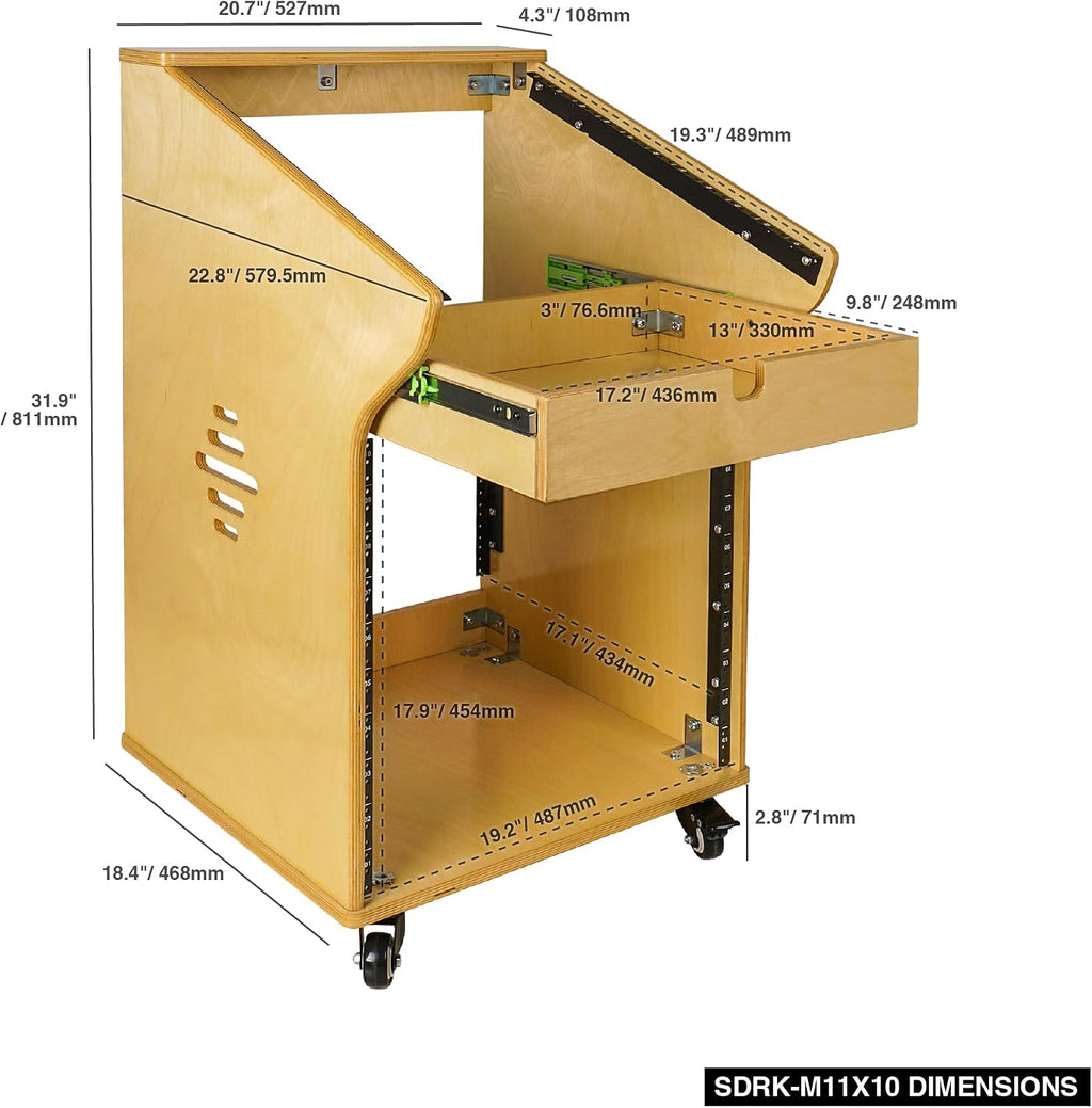 Sound Town DIY Solid Baltic Birch Plywood Studio Rack with 11U Slant Mixer Top, 10U Front, 2U Drawer, Rubber Feet, Casters, Golden Oak (SDRK-M11X10)