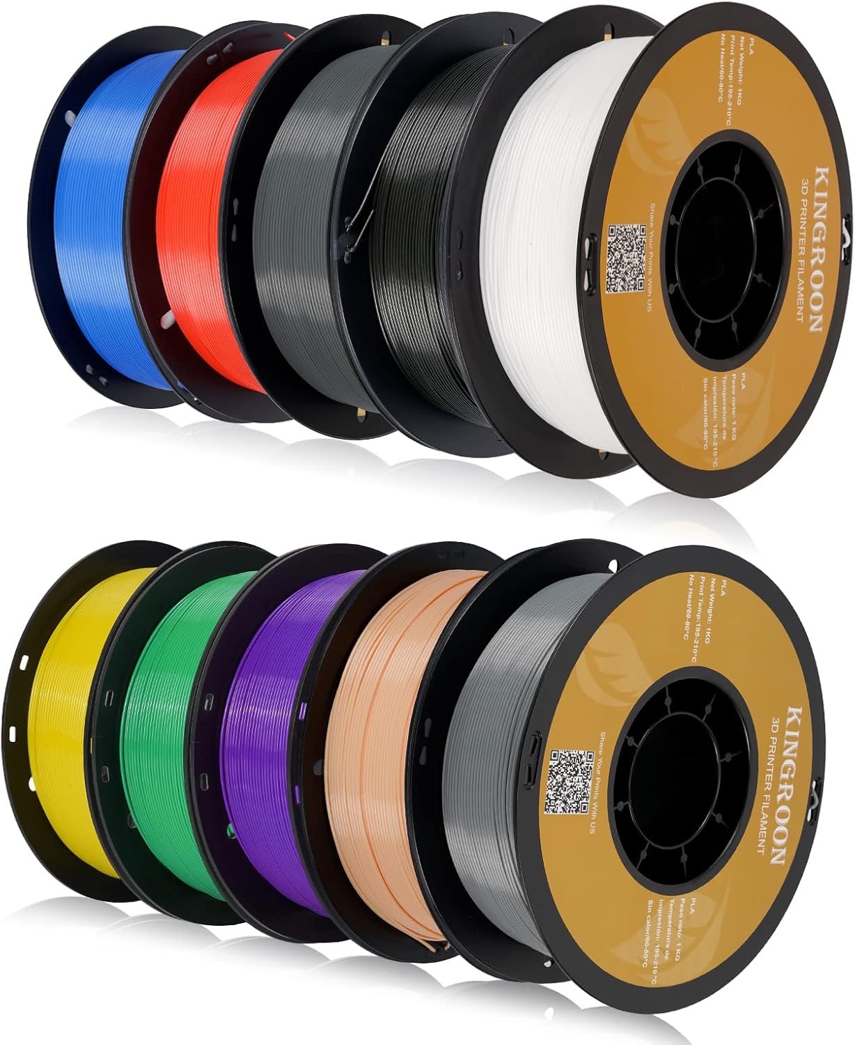 Kingroon PLA 3D Printer Filament, 10 Rolls, Dimensional Accuracy +/- 0.02 mm, 10kg Spool(22lbs), 1.75 mm，Black White Grey Red Blue Green Purple Skin Silver Yellow