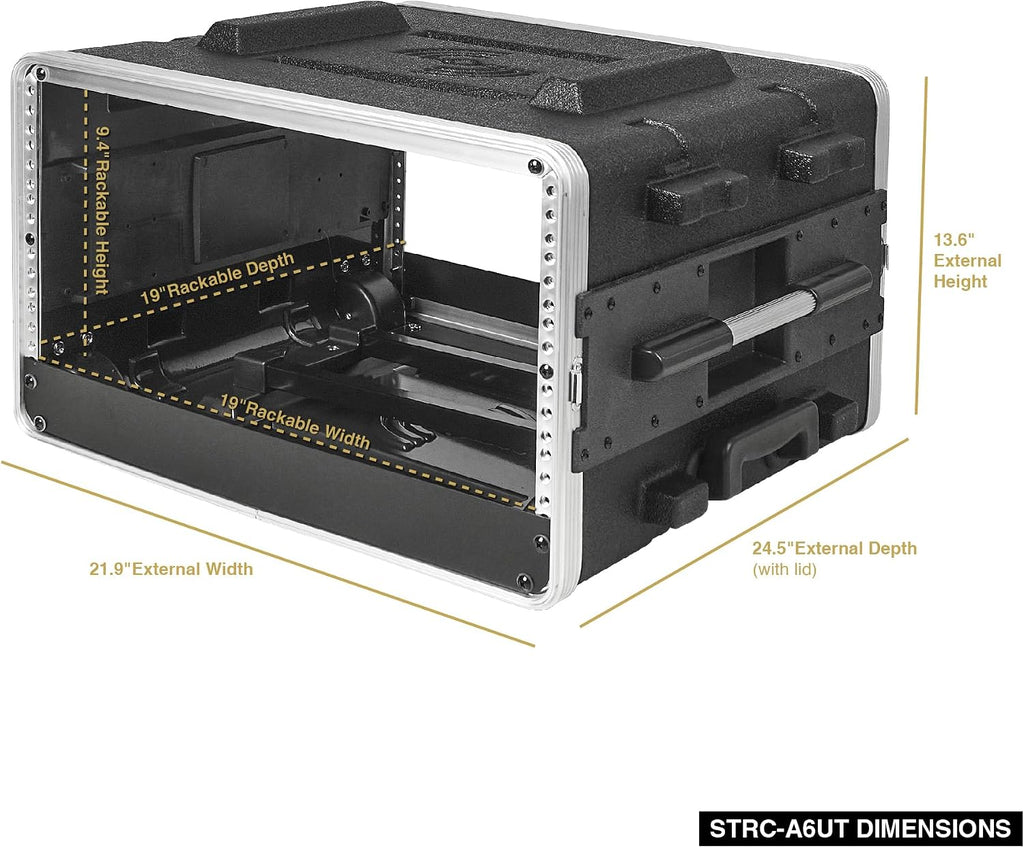 Sound Town Lightweight 6U PA DJ Rack/Road Case with 5U Rack Space, ABS Construction, 19' Depth, Retractable Handle, Wheels and Heavy-Duty Latches (STRC-A6UT)