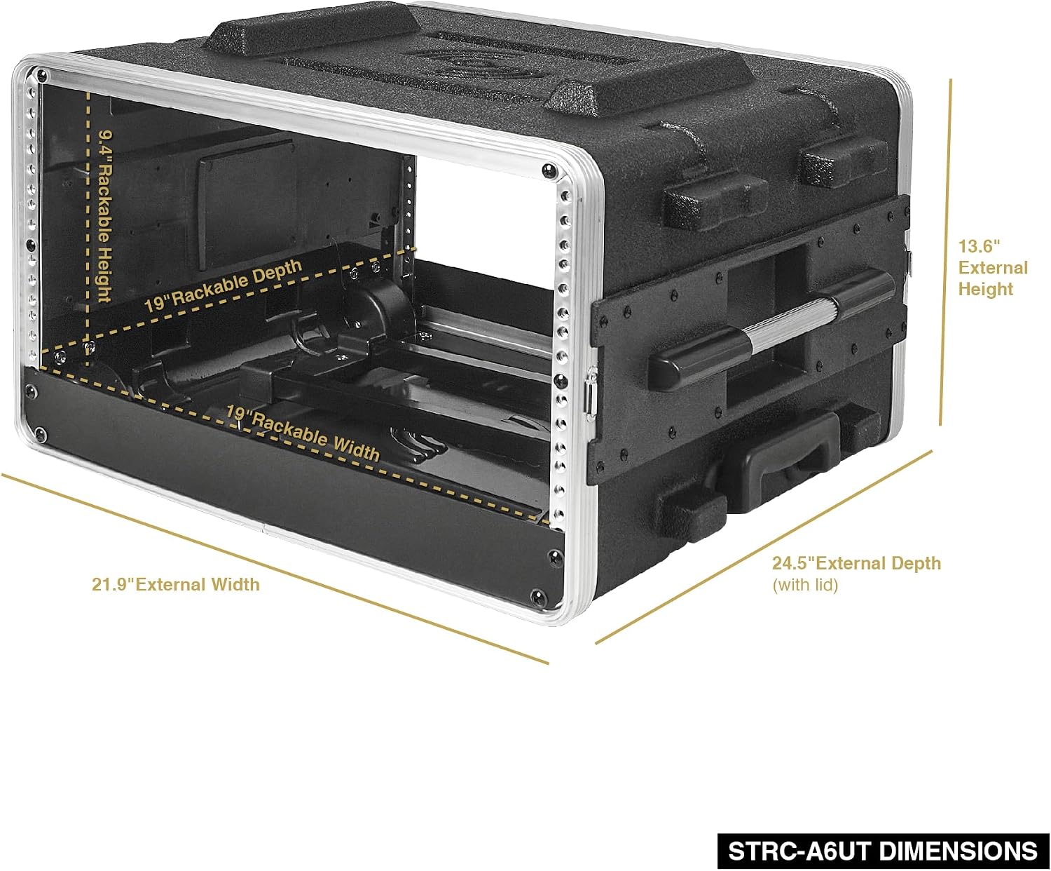 Sound Town Lightweight 6U PA DJ Rack/Road Case with 5U Rack Space, ABS Construction, 19' Depth, Retractable Handle, Wheels and Heavy-Duty Latches (STRC-A6UT)