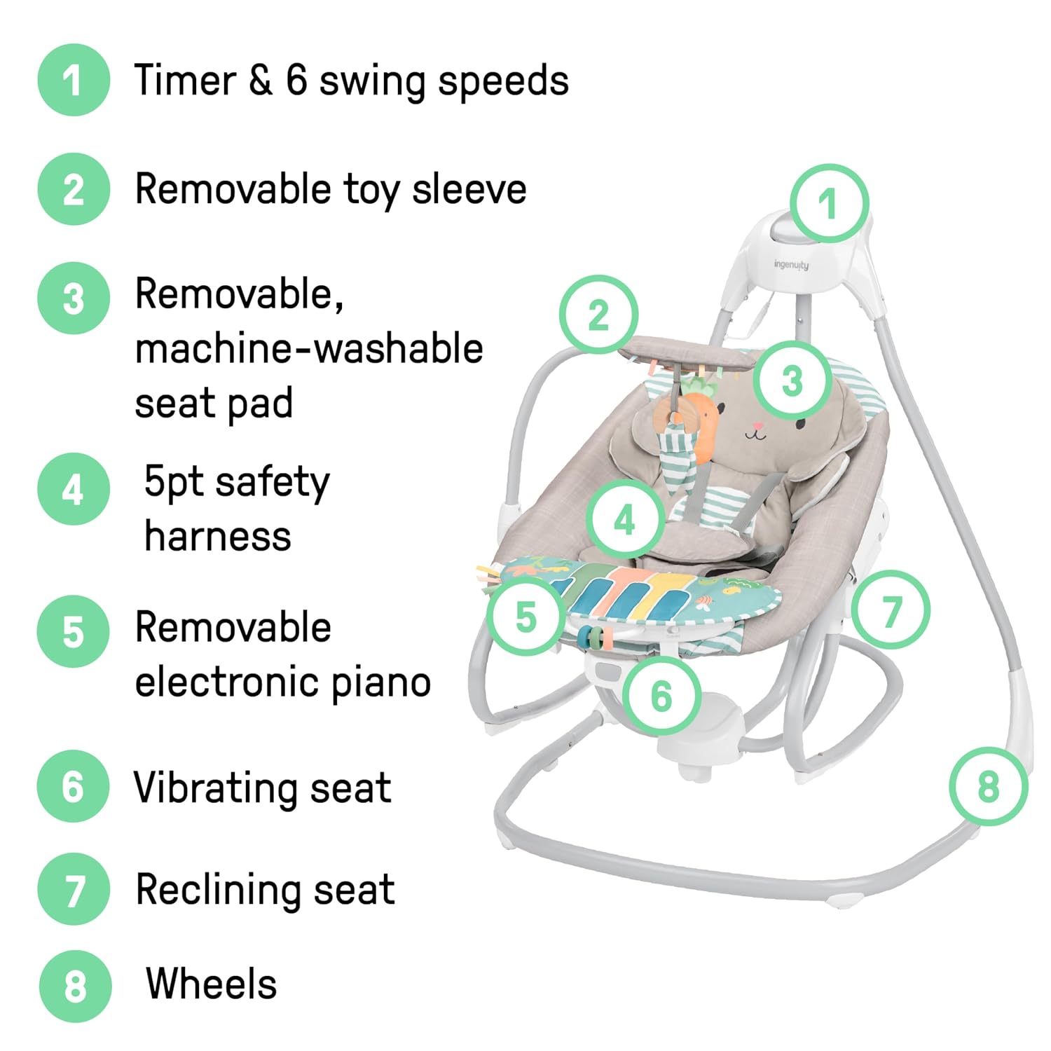 Ingenuity SimpleComfort Piano Playtime 4-in-1 Baby Swing & Rocker, Soothes & Grows with Baby, Rotating Seat Swings in 3 Directions, 6 Speeds & 12 Melodies, Removeable Rocker Seat, 0 Months to 2 Years