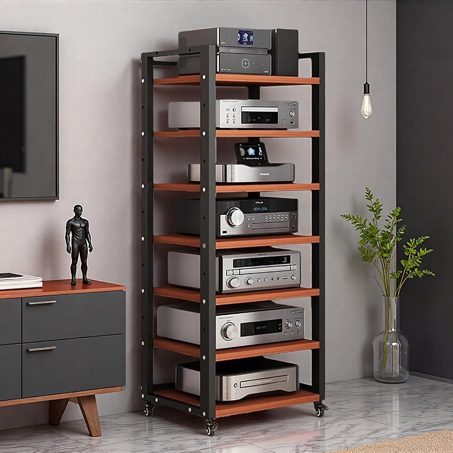 7-Tier Av Media Stand, Audio Rack with Adjustable Shelves, Stereo Racks and Stands with Wheels, Stereo Rack for Home, Office, Theater(A)