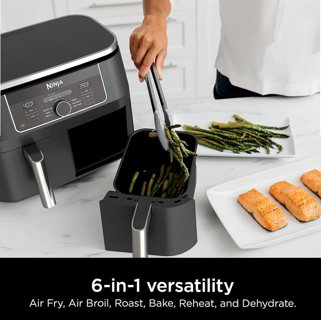 Ninja AD150 Foodi 8 Quart 6-in-1 DualZone 2-Basket Air Fryer with 2 Independent Frying Baskets, Match Cook & Smart Finish to Roast, Broil, Dehydrate & More for Quick, Easy Meals, Black (Renewed)