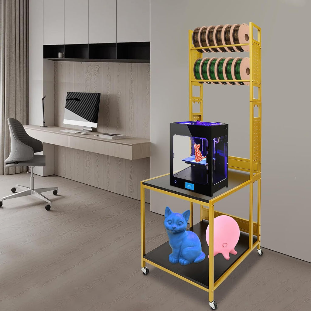 3D Printer Stand with Double Layer Printer Filament Storage Rack, Heavy Duty Mobile Table with 4 Wheels for Workshop Studio Office (Gold)