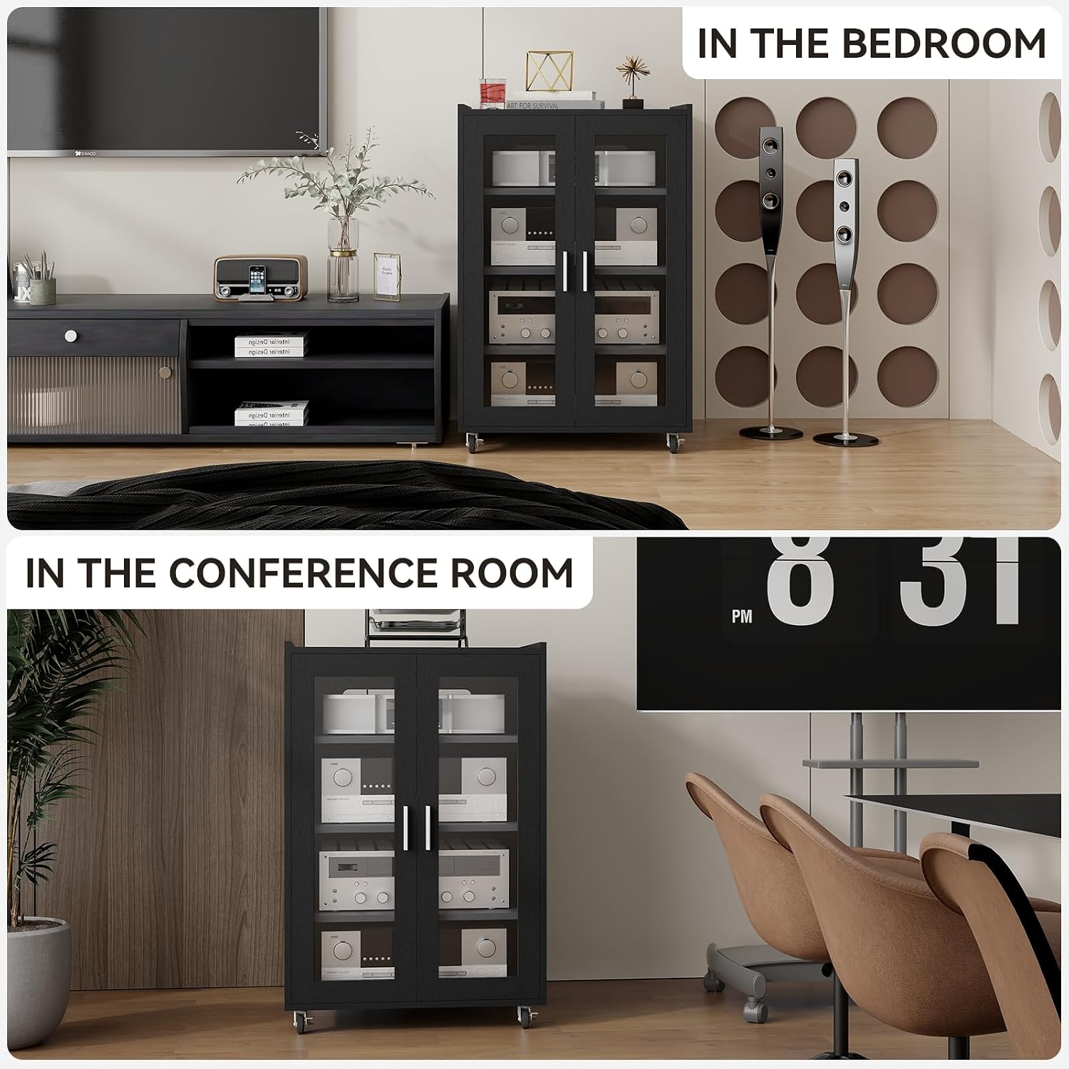 ELECWISH Media Storage Cabinet, Audio-Video Media Stand,Stereo Cabinet with 4 Height-Adjustable Shelves, AV Rack with Glass Doors for Meeting, Living, Recording Room
