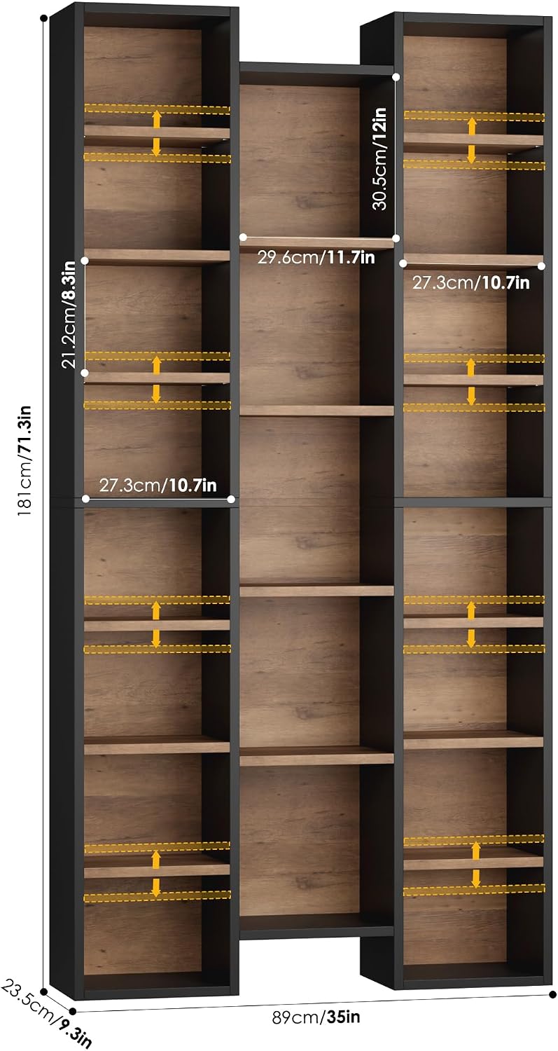 FOTOSOK 71'' Tall Bookshelf with 21 Cubes, 8 Tier Triple Wide Bookshelf with 8 Adjustable Shelves, 35' Large Bookcase DVD/CD Media Tower Storage, Freestanding Display Shelf Cabinet, Black/Brown