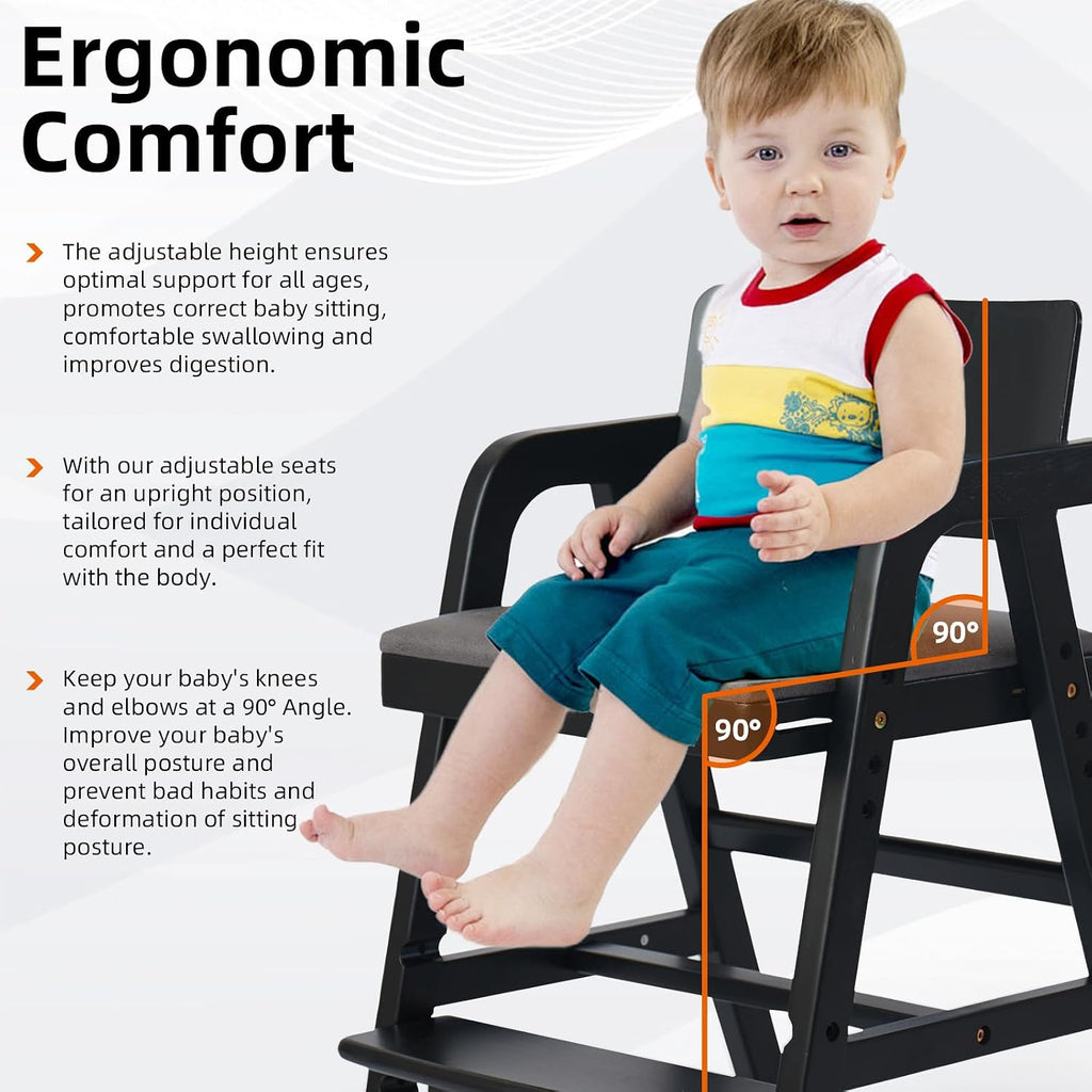 Wooden High Chair for Toddlers and Baby, Adjustable Toddler Dining Chair Grows with Kid, Ergonomic Baby HighChair for Babies, Wipe Clean Skin-Friendly Cushion, for Home & Restaurant - Black