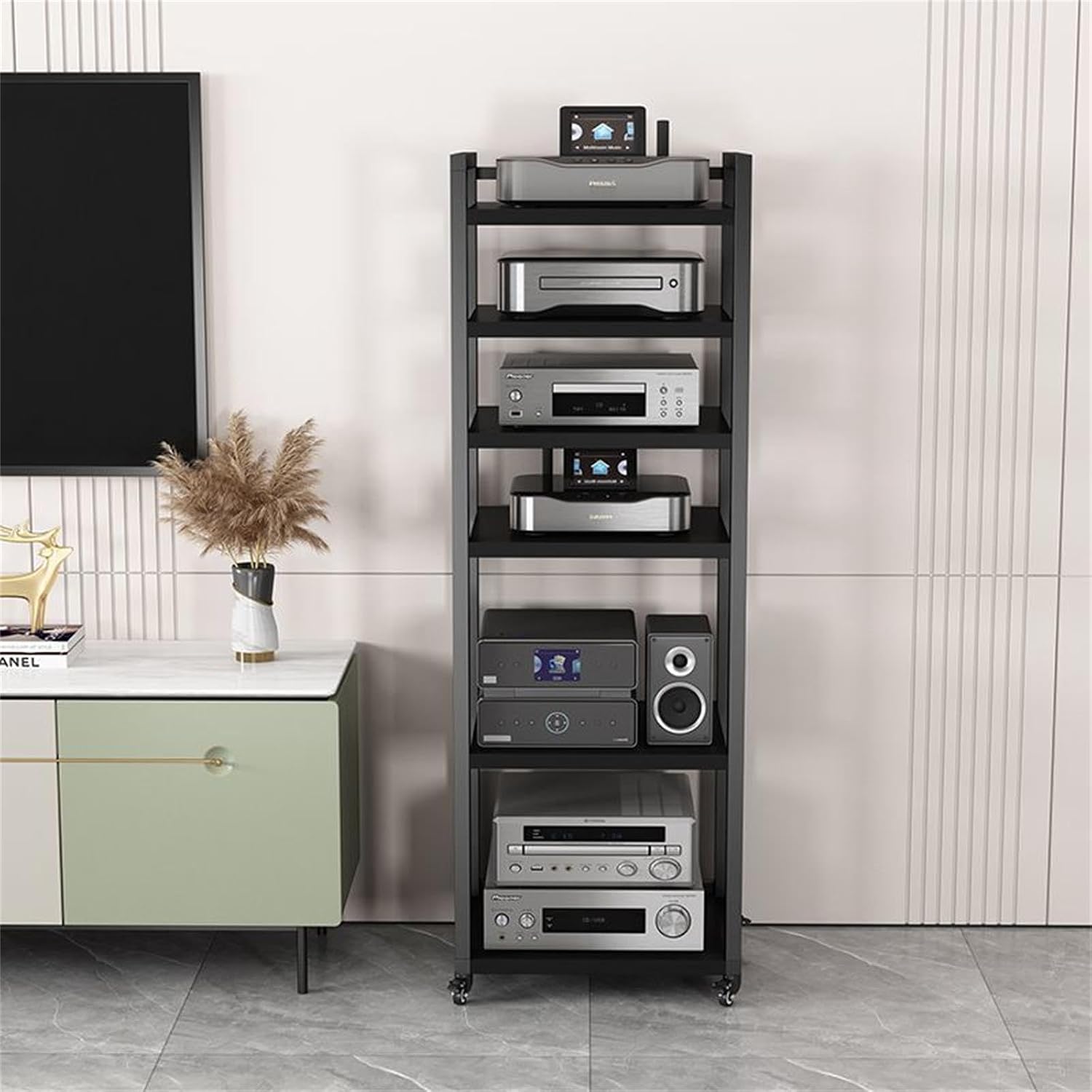 AV Media Stand 5/6/7/8 Tier Movable Record Player DVD CD Audio Rack Tower Holder, Adjustable Media Storage Cabinet, Equipment Console Shelf for Home Office Theater,Black,5 Tier W 19.6″