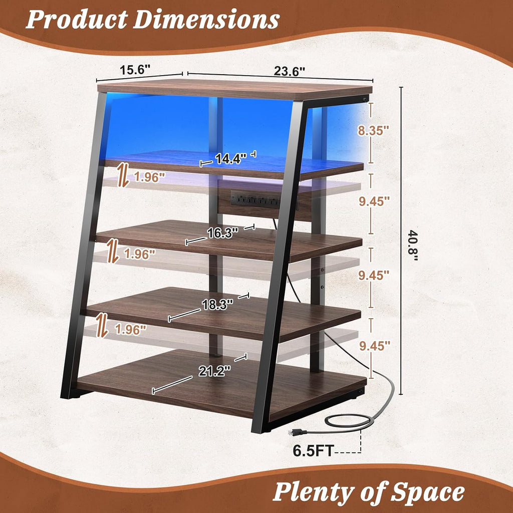 Armocity 5-Tier AV Media Stand with Power Strips, Media Console with LED Lights, Audio Tower Rack with Adjustable Shelves, Stereo Stands and Racks, 40.8'', Black Walnut