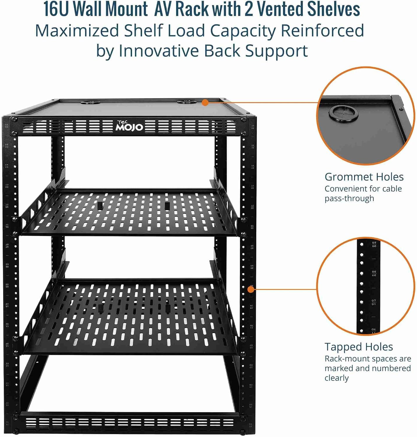 Tecmojo 16U Open Frame Network Rack for IT & AV Gear, AV Rack Floor Standing or Wall Mounted,with 2 PCS 1U Rack Shelves & Mounting Hardware,Network Rack for 19' Networking,Audio and Video Device