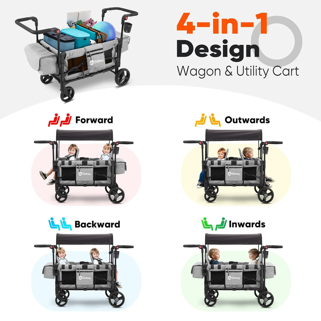Sekey Wagon Stroller for 2 Kids, Luxury 4-in-1 Stroller Wagon - Premium Quality with Convertible Seats, Adjustable Push Handles, Removable Canopy, Snack Tray & Cooler, US Certified. Gray