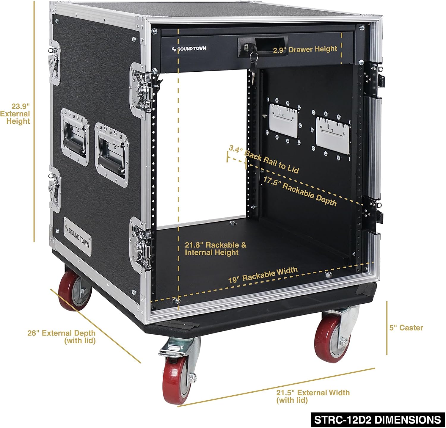 Sound Town 12U PA DJ Pro Audio Rack/Road ATA Case with Locking Drawer, 21'' Rackable Depth, Casters, Metal Ball Corners - Pro Tour Grade (STRC-12D2)
