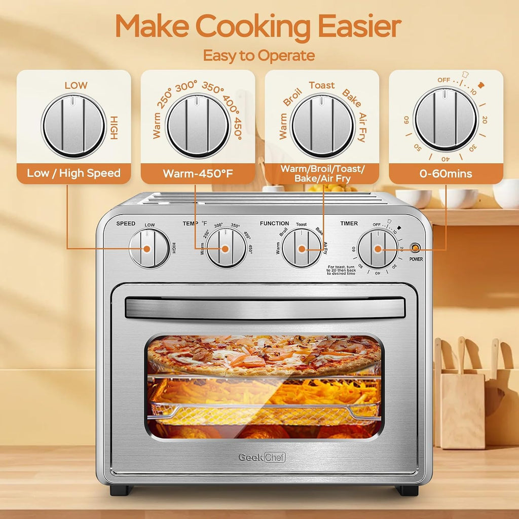 Geek Chef 16QT Air Fryer Toaster Oven, Convection Air Fryer Toaster Countertop Oven, with Bake, Toast, Broil and Warm Functions, Stainless Steel Electric Hot Oven Combo for Healthy Meals