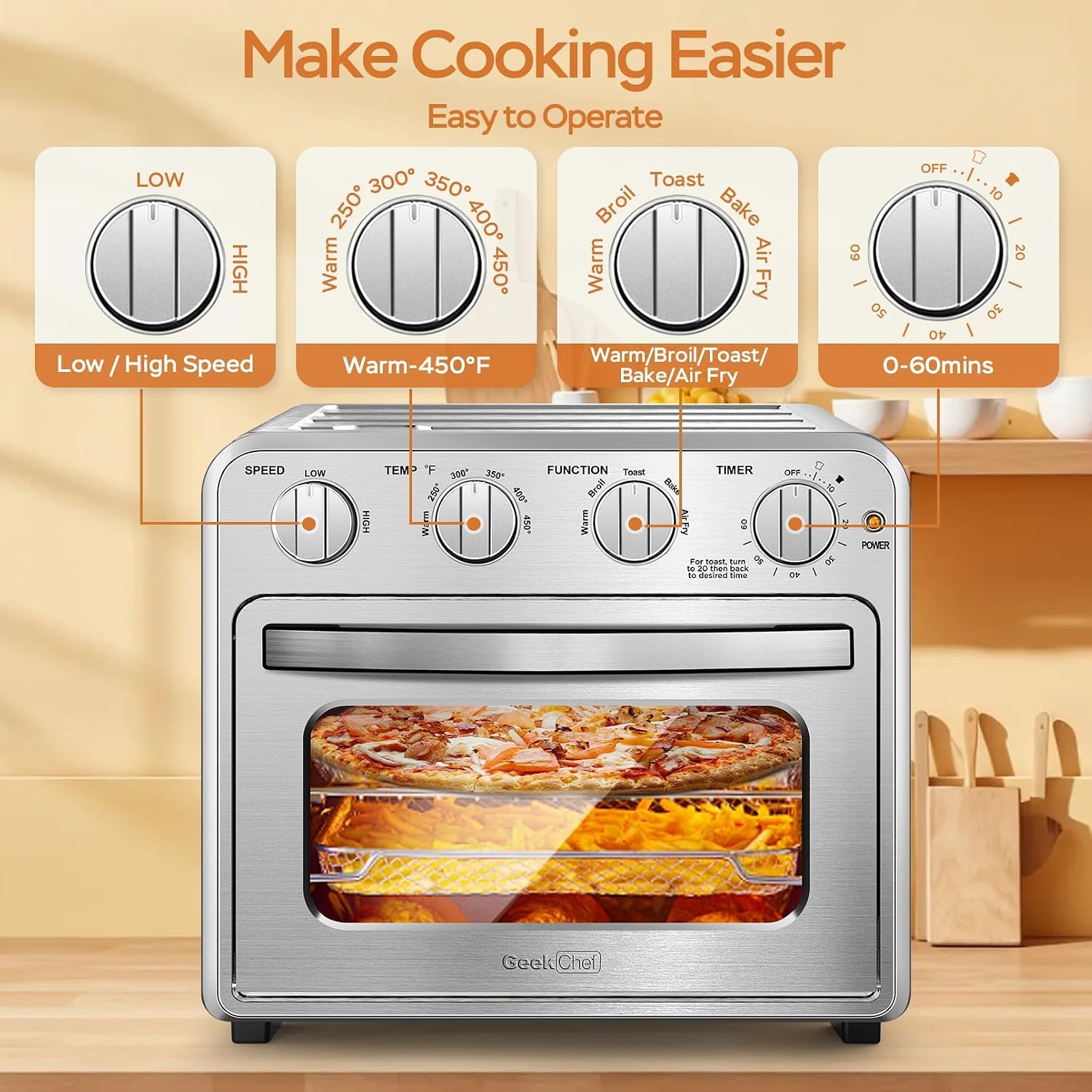 Geek Chef 16QT Air Fryer Toaster Oven, Convection Air Fryer Toaster Countertop Oven, with Bake, Toast, Broil and Warm Functions, Stainless Steel Electric Hot Oven Combo for Healthy Meals