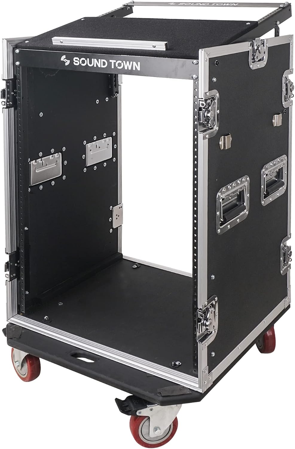 Sound Town Heavy-Duty 1/2' (12mm) Plywood 16U PA DJ Pro Audio Rack/Road ATA Case with 11U Slant Mixer Top, Locking Drawer, Side Table, 20'' Rackable Depth and Casters (STMR-16TD3)