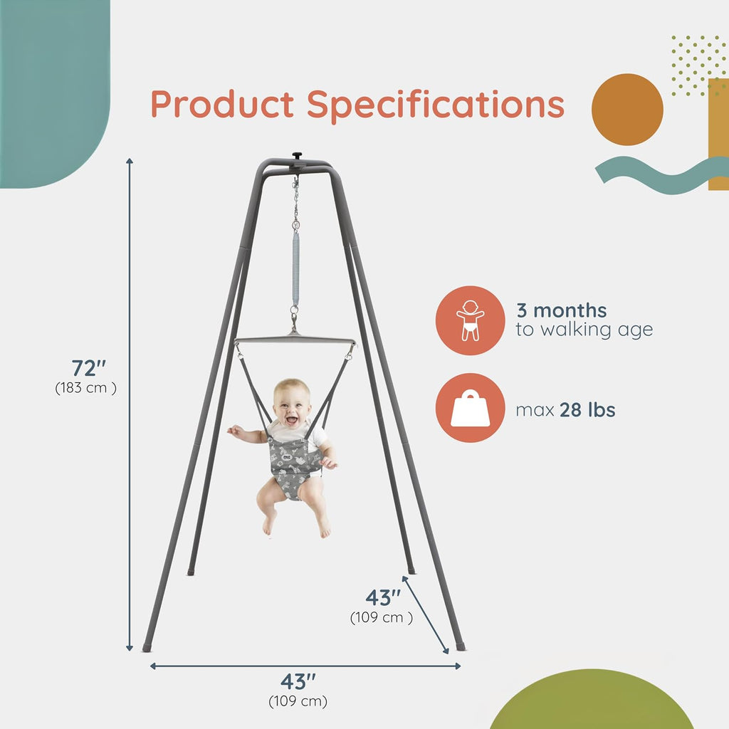 Jolly Jumper Elite (Grey Safari) Baby Exerciser - Sturdy Frame, 6 ft Tall Stand Baby Jumper, Indoor and Outdoor Exercise Saddle Seat, Adjustable Height, for Infants up to 28lbs