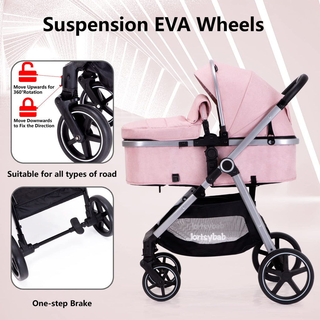 Lortsybab 2-in-1 Baby Stroller - Folding Infant Newborn Pram Stroller with Reversible Seat - Toddler Strollers for 0-36 Months Old Babies (Pink)