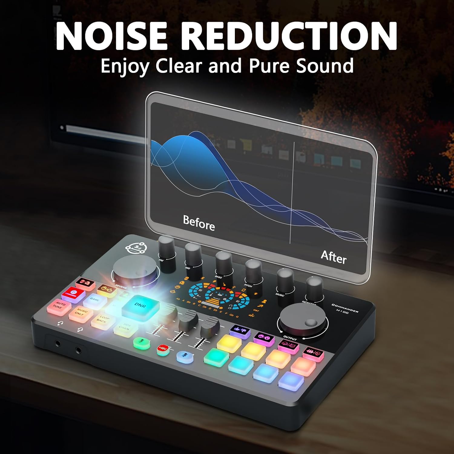 Podcast Equipment Bundle for 2, Audio Interface DJ Mixer with 3.5mm Condenser Microphone for PC, Smartphone, Voice change,RGB for Recording, Streaming, Podcasting, Gaming, COMMANDER M100 3rd
