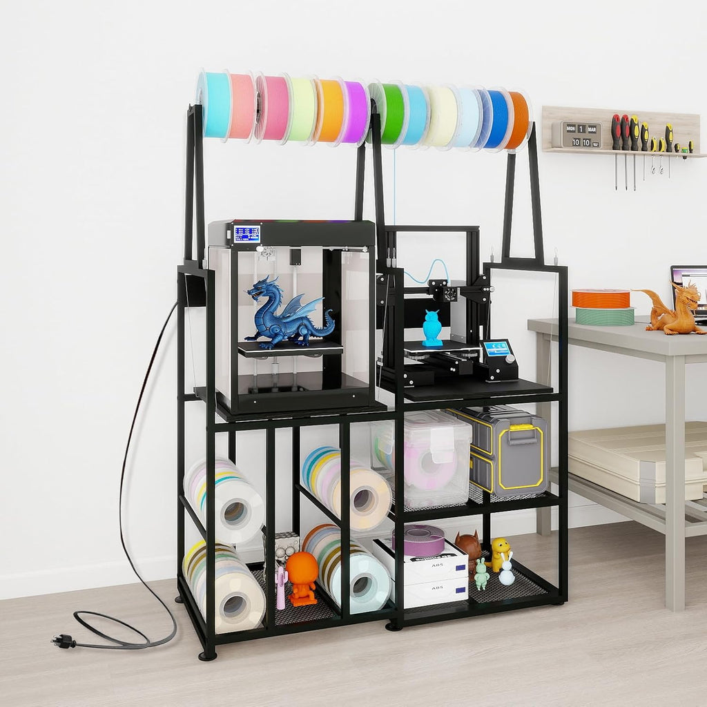 PUNCIA Dual-Row 3D Printer Stand with Filament Storage, Heavy-Duty Rack with Power Outlet - 3D Printer Table for FDM & SLA Printers, Space-Saving Desk and Cabinet with Shelves for Dual-Printer Setup