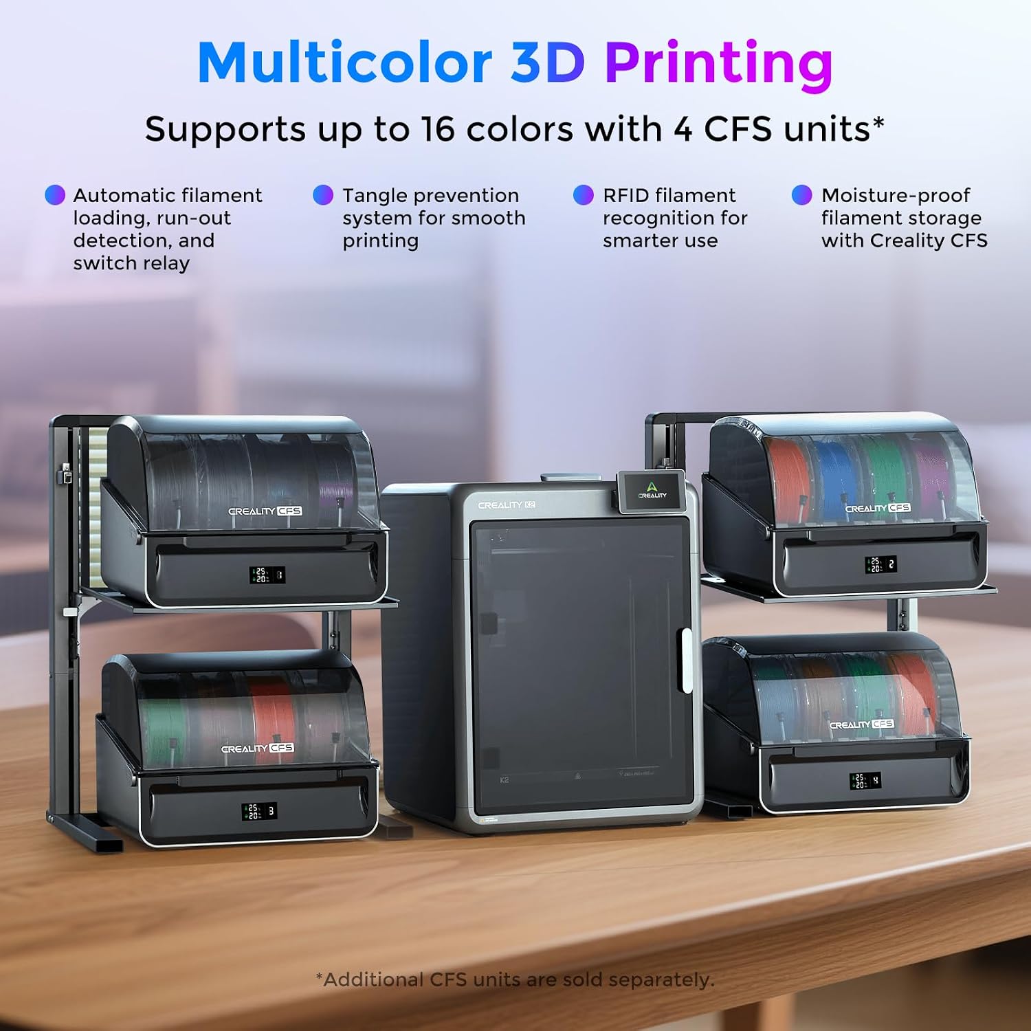Creality Official K2 Combo(A) 3D Printer, Multi-Color Printing with CFS, 600mm/s High-Speed, AI Cameras, Full Auto-Leveling, Dual Z-Axis, 260x260x260mm Build Volume