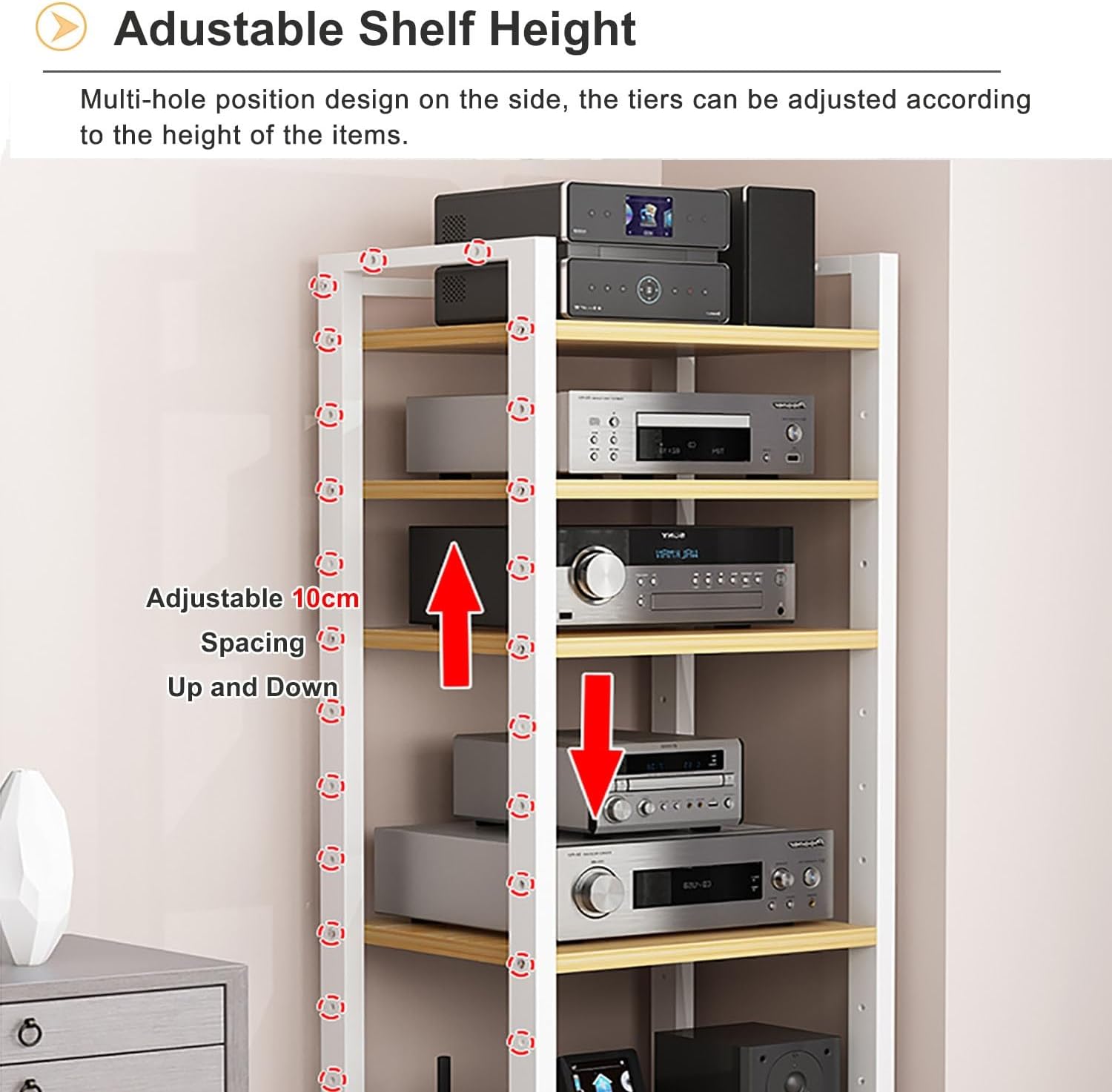 6 Tier Audio Rack Tower, Corner TV Console and AV Media Components Cabinet, Heavy Duty Stereo Racks and Stands with Adjustable Wooden Shelf for Home/Office/Theater(A)