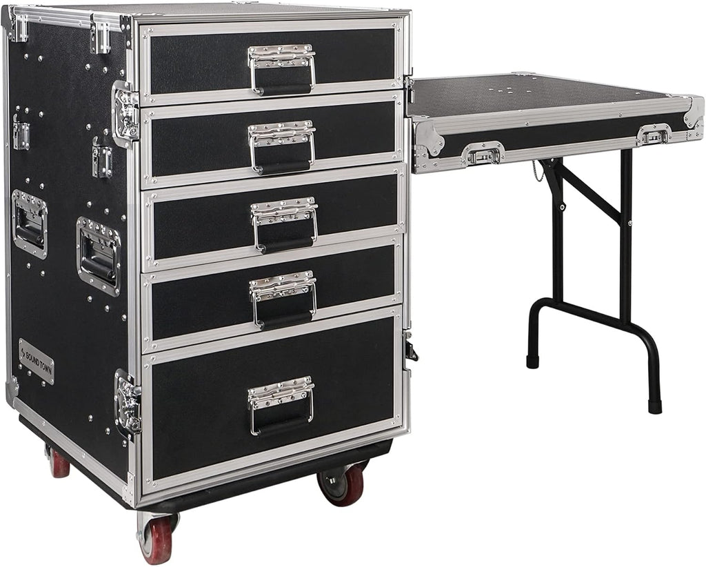 Sound Town Enhanced Thickness 1/2' (12mm) Plywood Road Case with 5-Drawer and Table for Customizable Stage and Studio Utility Equipment Storage, Pro Tour Grade (STRC-PROWT5D)