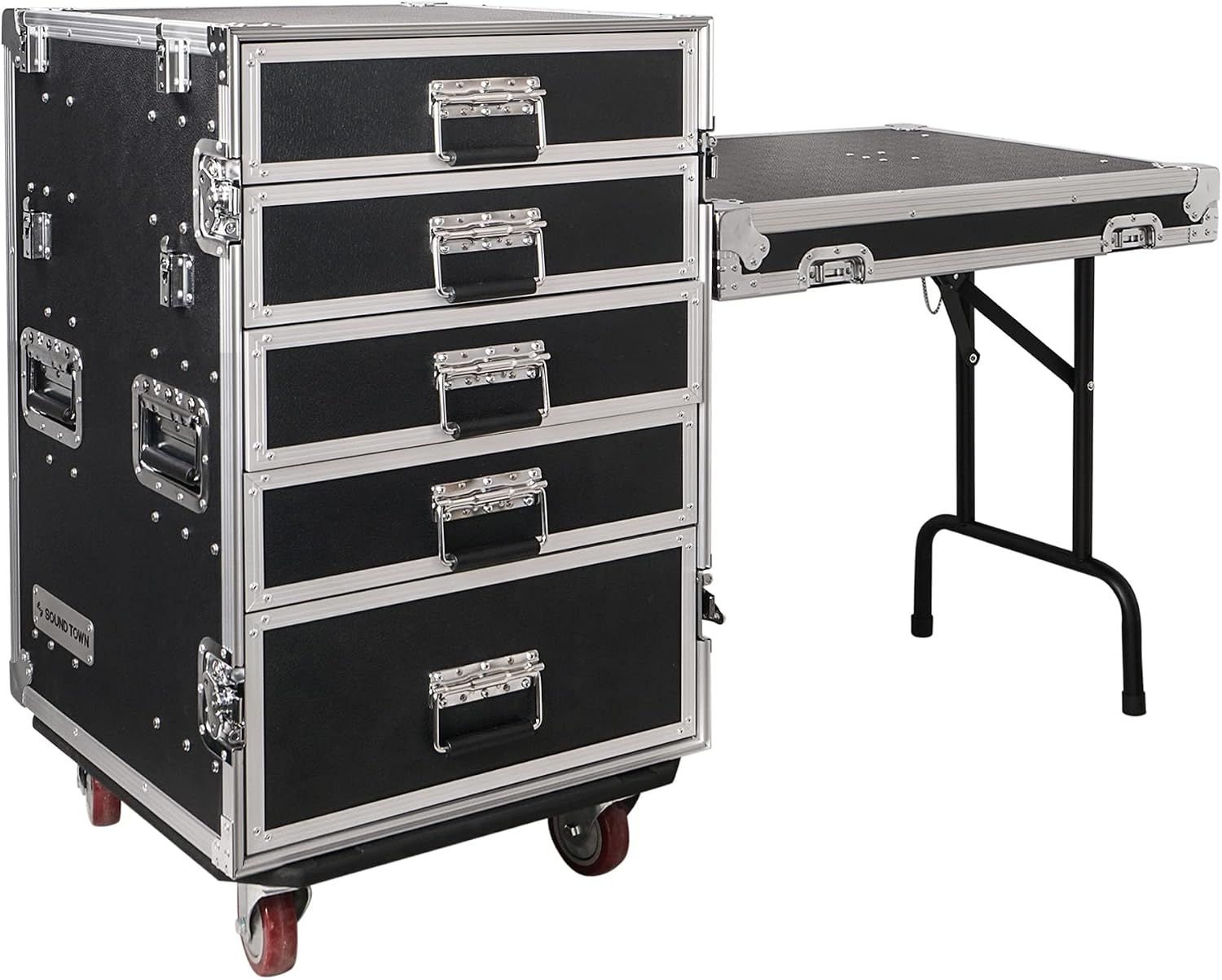 Sound Town Enhanced Thickness 1/2' (12mm) Plywood Road Case with 5-Drawer and Table for Customizable Stage and Studio Utility Equipment Storage, Pro Tour Grade (STRC-PROWT5D)