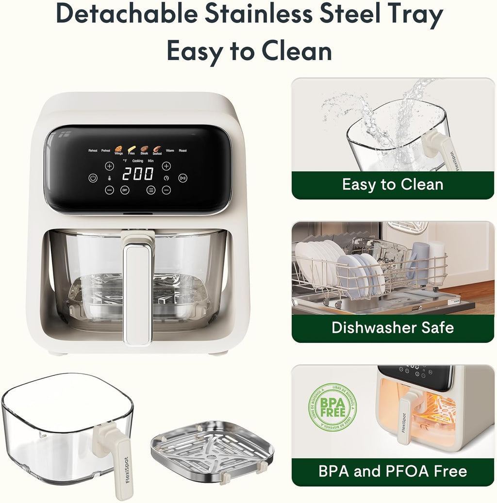 8-1 Glass Air Fryer | Non-Toxic | 400°F | 4QT TempWare Glass Bowl | Freezer & Dishwasher Safe | Wings，Steak，Fries & More | Air Fry Bake Roast Recrisp | Light Pinkish Beige