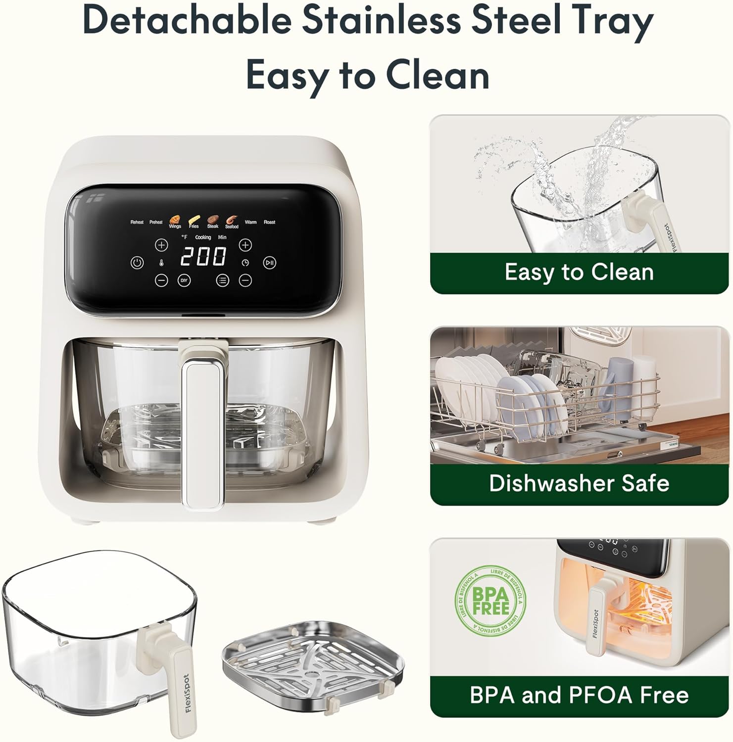 8-1 Glass Air Fryer | Non-Toxic | 400°F | 4QT TempWare Glass Bowl | Freezer & Dishwasher Safe | Wings，Steak，Fries & More | Air Fry Bake Roast Recrisp | Light Pinkish Beige