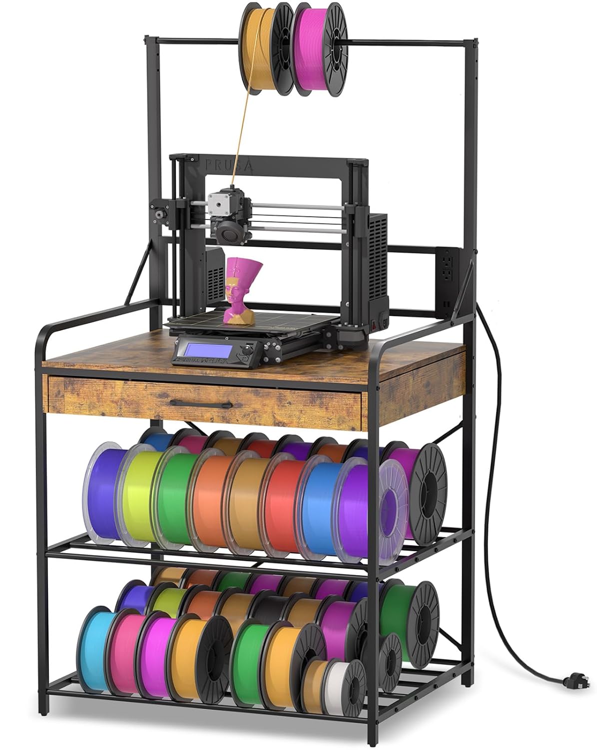 3D Printer Stand with Power Hub and Top Storage Shelf – Heavy Duty X-Bracket Stability, 3-Tier Storage & Tool Organizer for Workshop and Office