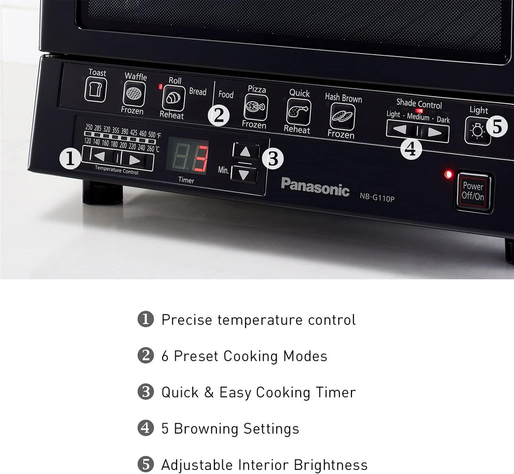 Panasonic FlashXpress Toaster Oven Countertop, 4-Slice Compact Size with Double Infrared Heating, 6 Auto Cook Options and Precise Temperature Control, 1300W - NB-G110P-K (Black)