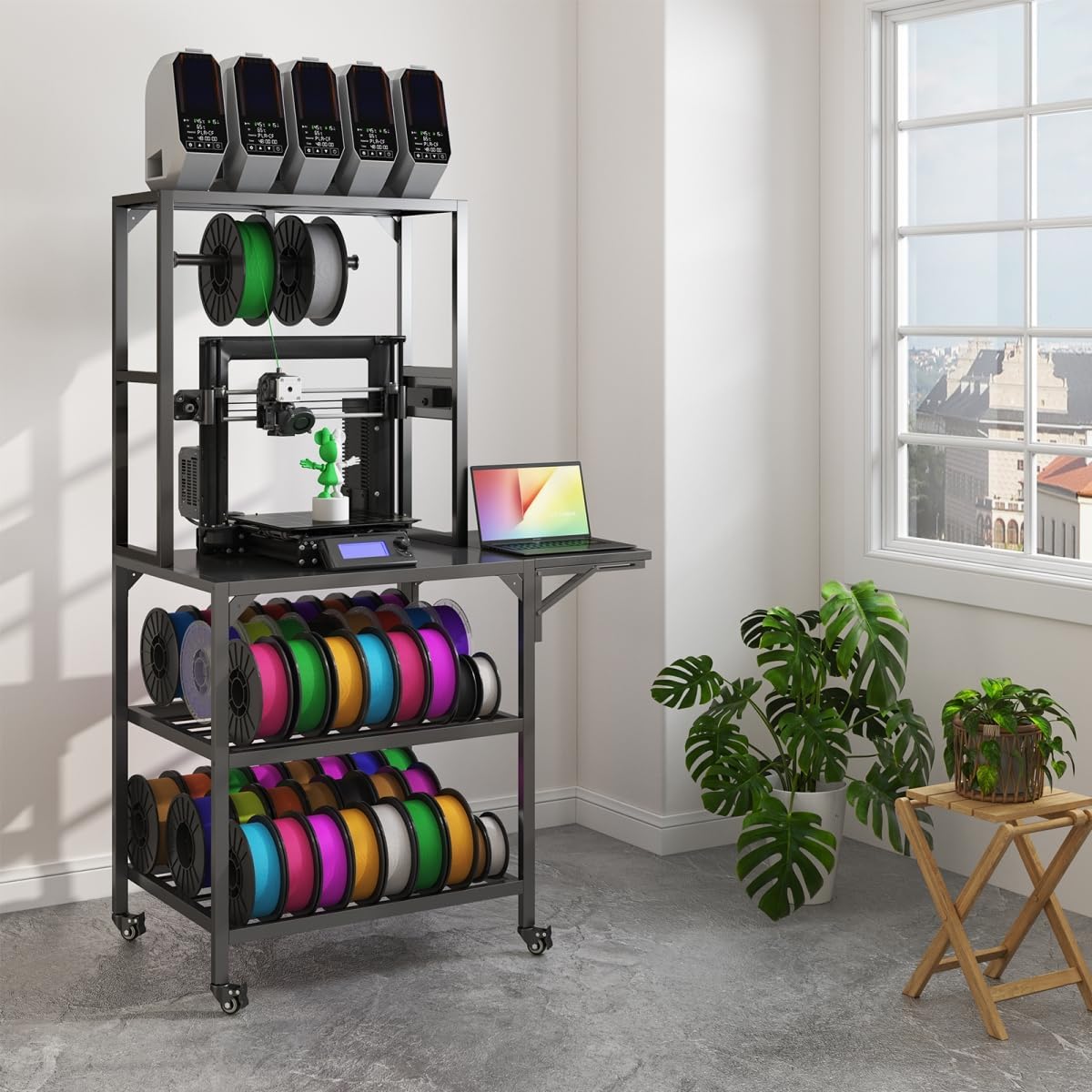 3D Printer Stand with Filament Storage, Foldable Metal 3D Printer Table Desk Cart with Wheels and Filament Spools Holder Rack, Heavy Duty 3D Printing Workbench for Studio Home Office Workshop