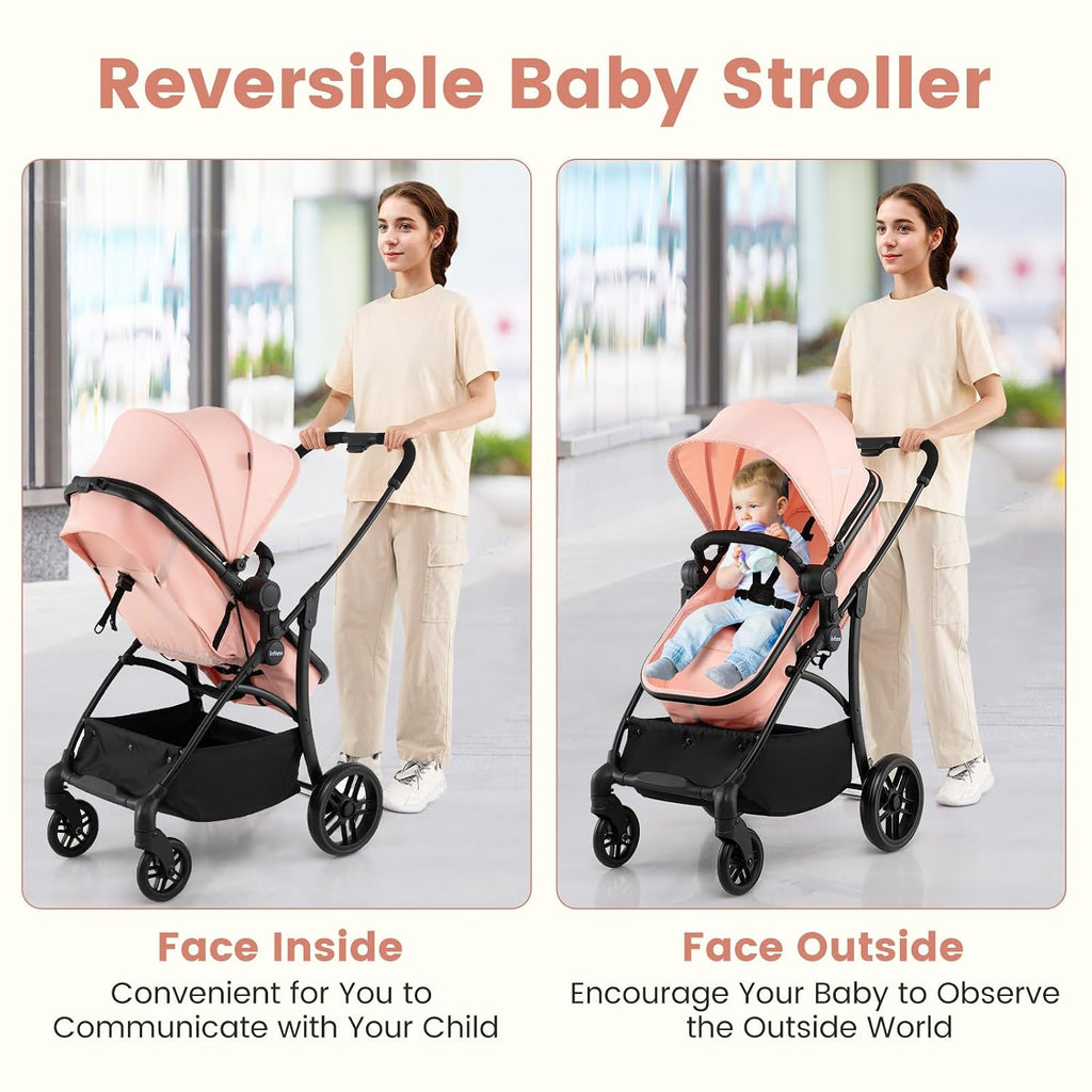 INFANS 2 in 1 Baby Stroller, Convertible Stroller with Bassinet Reversible Seat Adjustable Backrest Canopy One Hand Fold, Compact Toddler Pushchair for Kids Infants Newborns 0-36 Months