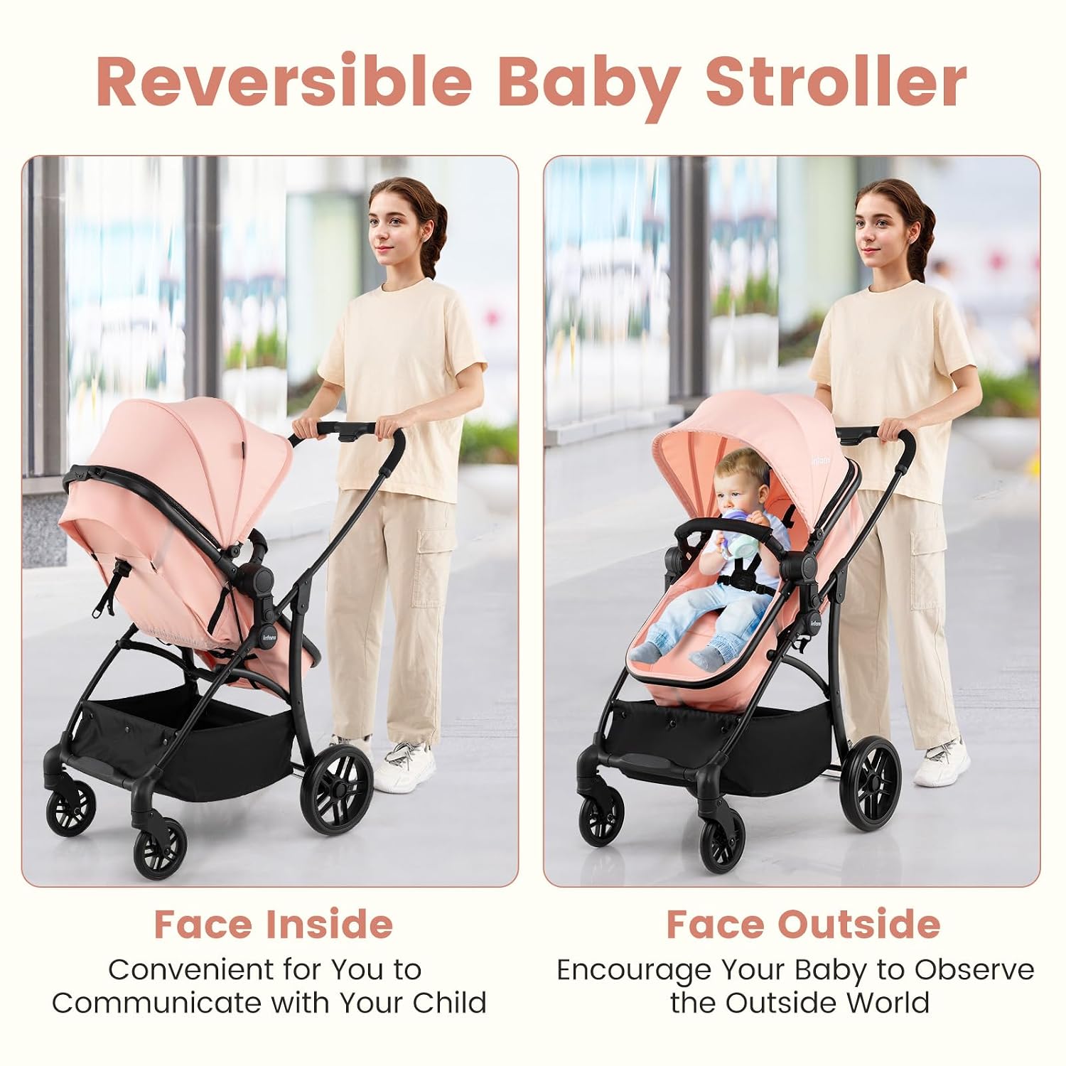 INFANS 2 in 1 Baby Stroller, Convertible Stroller with Bassinet Reversible Seat Adjustable Backrest Canopy One Hand Fold, Compact Toddler Pushchair for Kids Infants Newborns 0-36 Months