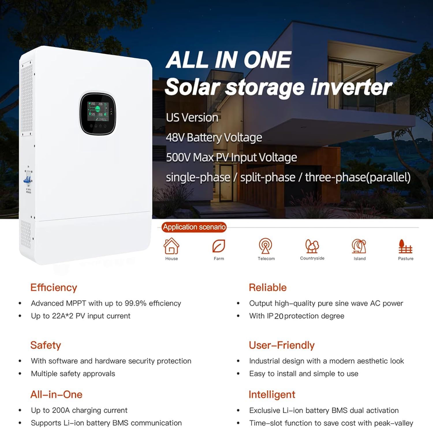 22KW Off-Grid Solar Power System Complete Kit,4Sets 48V 206Ah 10KWh LiFePO4 Battery 40PCS Bificial 550W Solar Panels,2Sets 10KW Inverter with MPPT Controller 120/240Vac