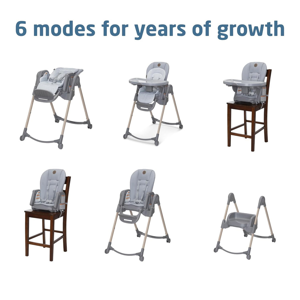 Maxi-Cosi Minla 6-in-1 High Chair for Babies & Toddlers, Portable Foldable Highchair, EcoCare Fabric, 9 Heights, 5 Reclines, 4 Tray Positions, Classic Slate