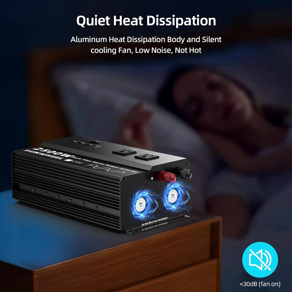 SUNWHEEL 2500W 24V Pure Sine Wave Inverter, 24V DC to 110V/120V AC Power Inverter for RV、Off Grid、Truck、Power Outage with 4 AC outlets and LCD Display