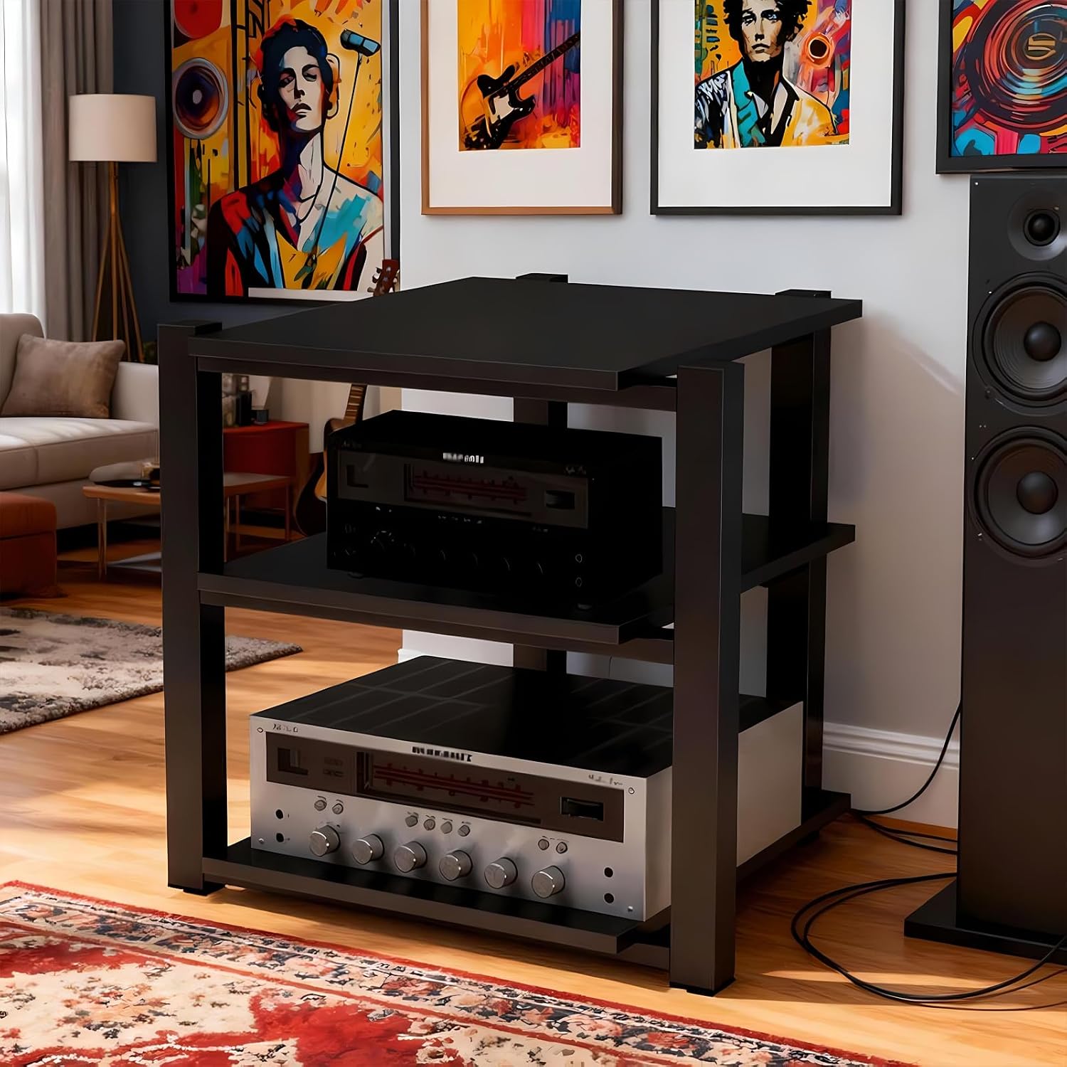 Heavy Duty Audio Rack Tower, Av Media Player Stand with Wooden Shelves, Black Cd Stereo Equipment Cabinet, Suitable for Home,Office/Audio Video/Theate (Black, 3 Tier)