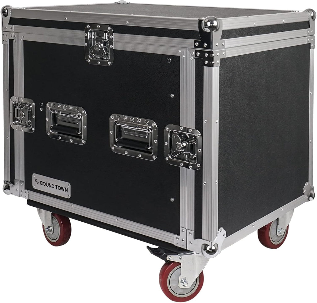 Sound Town Enhanced Thickness 1/2' (12mm) Plywood 10U Audio Rack/Road Case with 14U Slant Mixer Top, 25'' Rackable Depth and Casters-Pro Tour Grade (STMR-DE10UW)