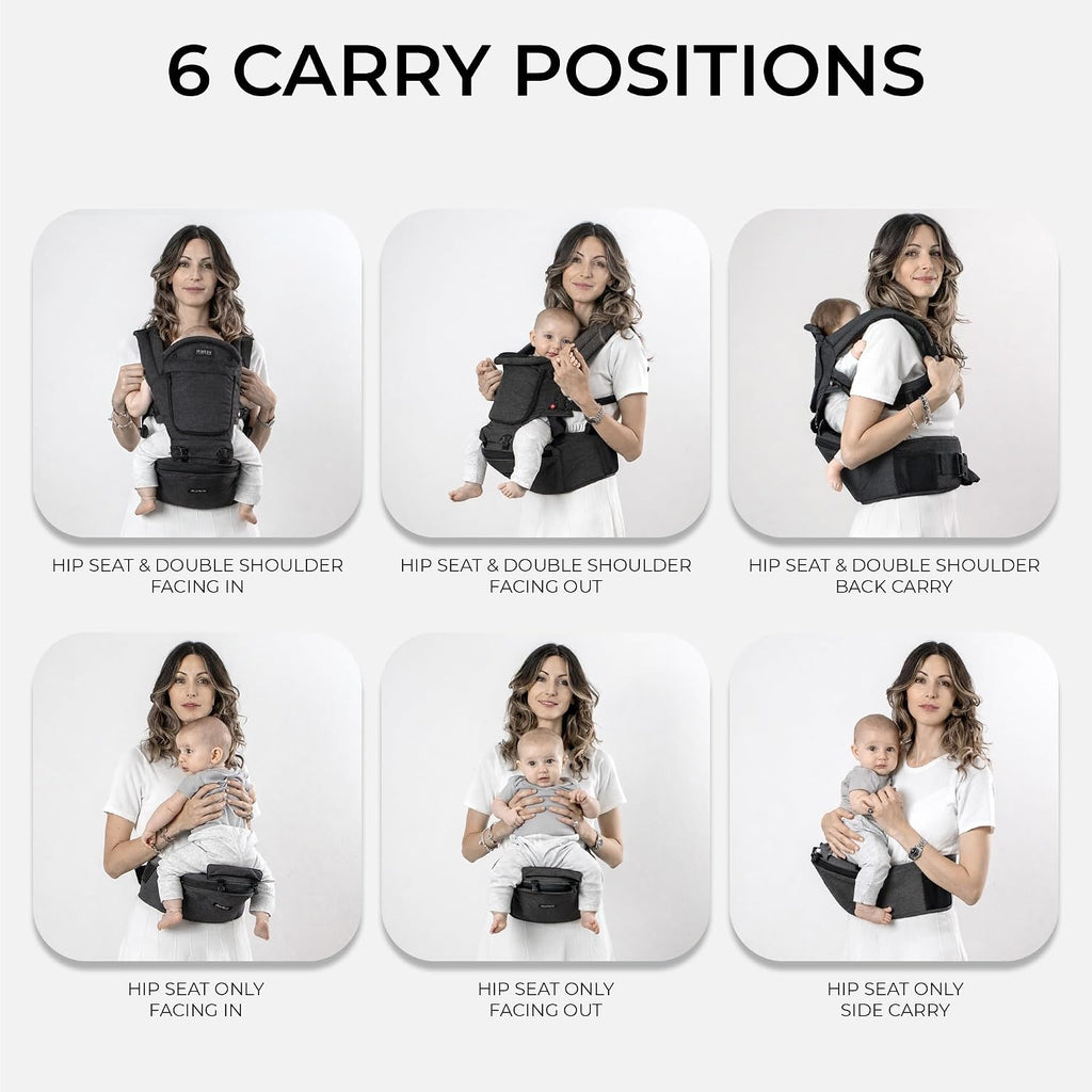 MiaMily Ergonomic Hip Seat Baby Carrier, 6 Carry Positions, Newborn to Toddler, Lumbar Support, Adjustable Waist Belt, Hipster Plus, Charcoal Grey