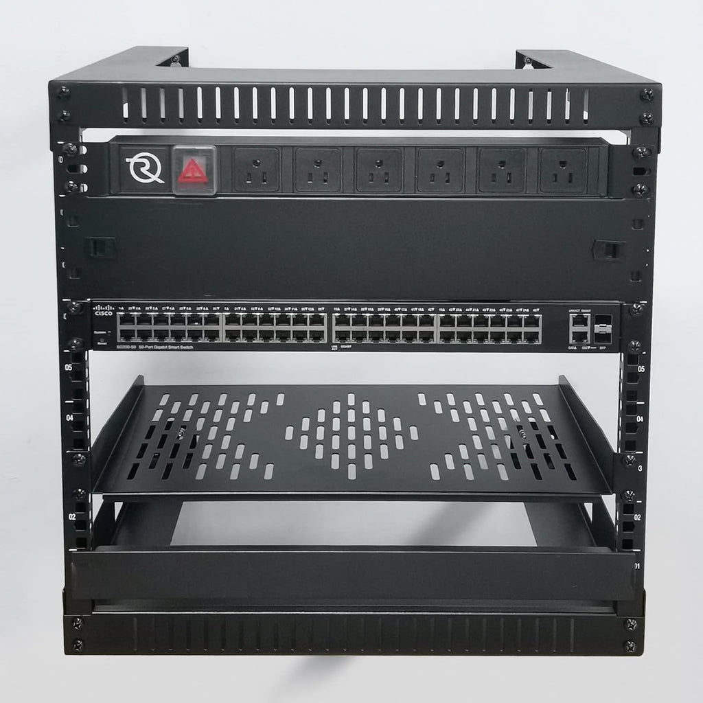 RIVECO 15U Cabinet 19' Wall Mount Shelf Network Rack – 17.7' Deep 2 Post Open Frame Easy Assembly Firm Constructed for Internet/Server/AV/Home Equipment/Patch Panel Heavy Duty Light Weight, Black