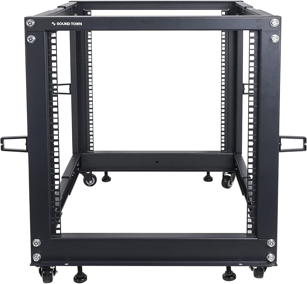 Sound Town 4-Post 12U Open Frame Sever and Network Equipment Rack with Adjustable Depth 22'-40', Casters, Levelers, Cable Management (ST4POF-A12U)
