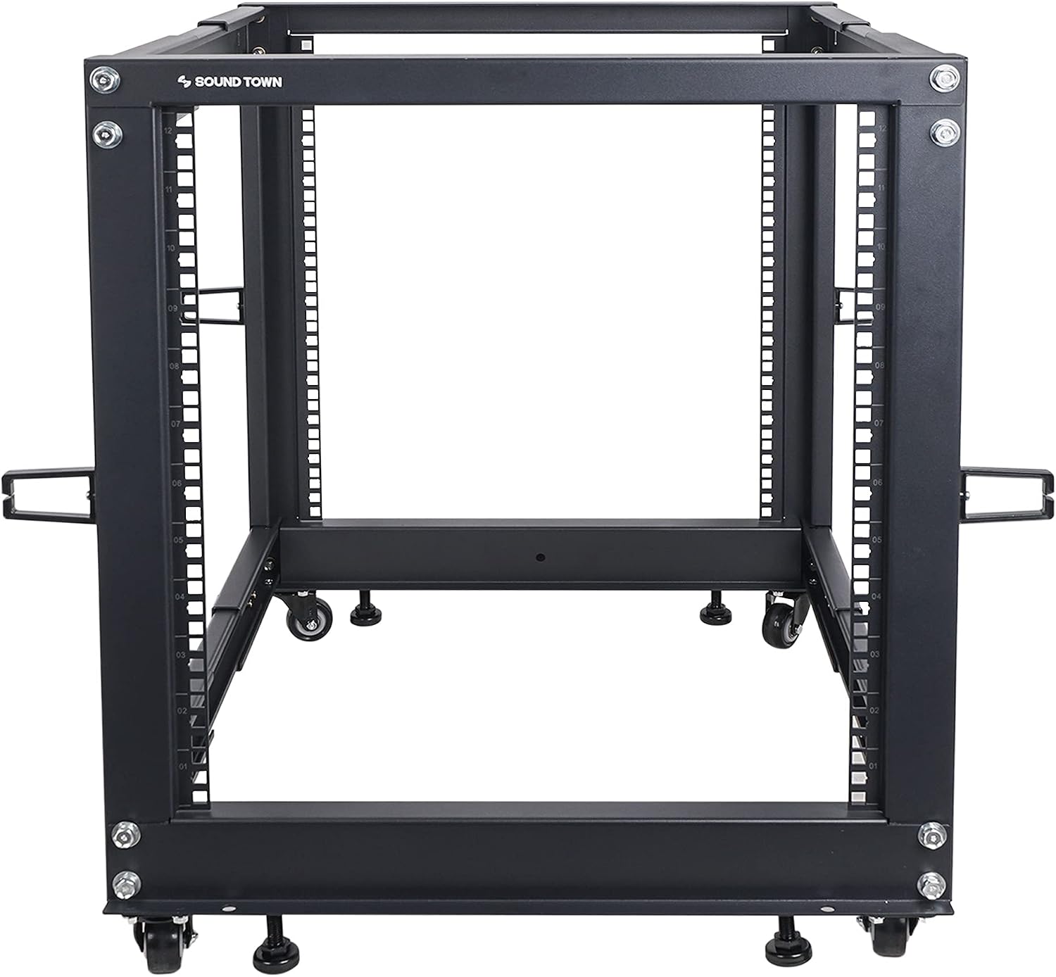 Sound Town 4-Post 12U Open Frame Sever and Network Equipment Rack with Adjustable Depth 22'-40', Casters, Levelers, Cable Management (ST4POF-A12U)
