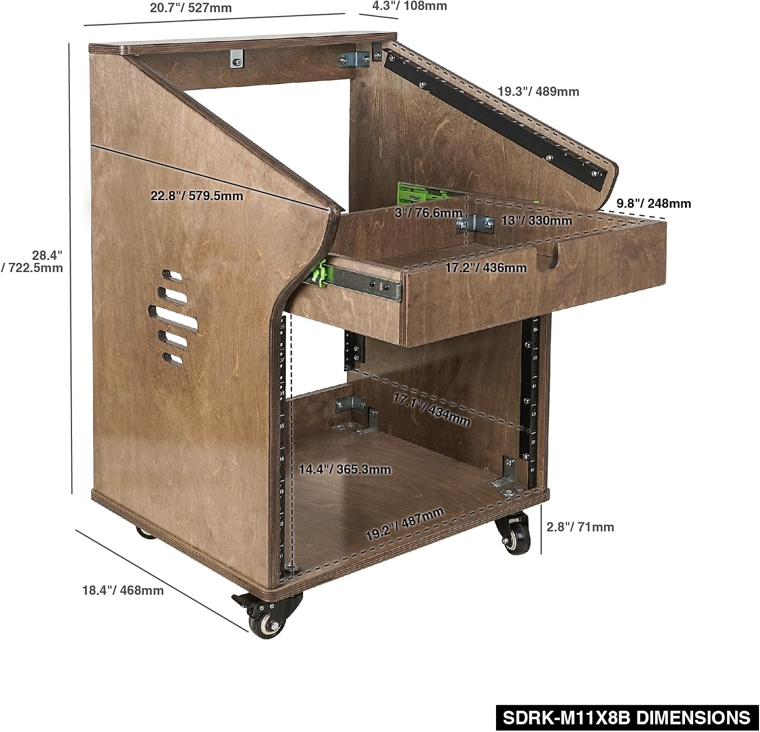 Sound Town DIY Solid Baltic Birch Plywood Studio Rack with 11U Slant Mixer Top, 8U Front, 2U Drawer, Rubber Feet, Casters, Weathered Brown (SDRK-M11X8B)