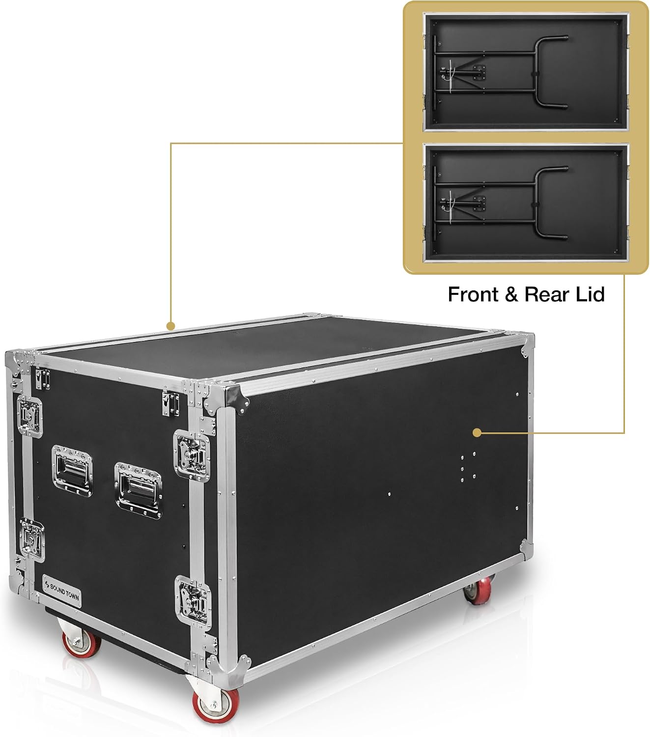 Sound Town Heavy-Duty 1/2' (12mm) Plywood Shock Mount 12U Workstation Rack Case with 4 Drawers and 2 Tables for Customizable Stage and Studio Equipment Storage, Pro Tour Grade (STRC-SP12U4DT2)