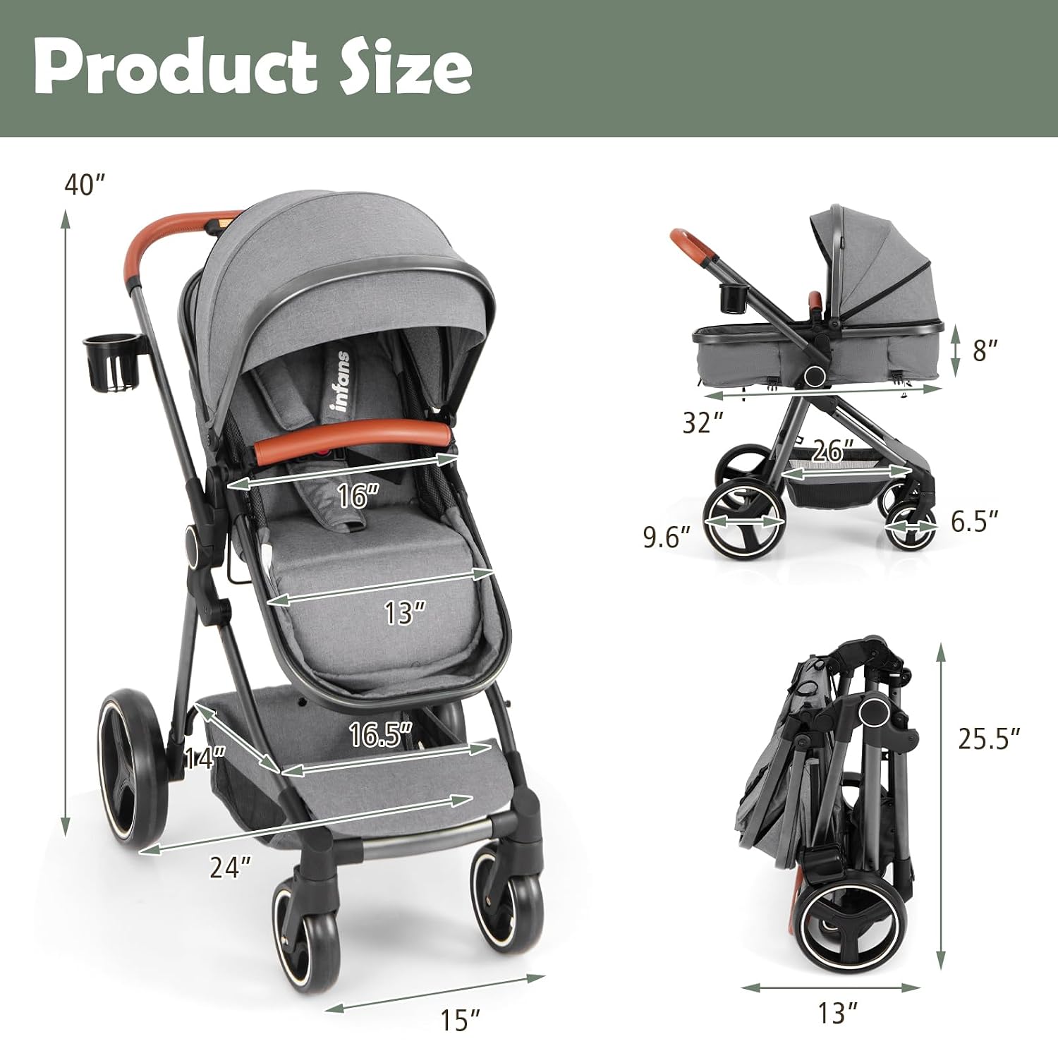 INFANS 2 in 1 Baby Stroller, Newborn Convertible Stroller Bassinet for Infant, Foldable High Landscape Shock Absorption with Reversible Seat, Aluminum Structure for Toddler Pushchair 0-36 Month