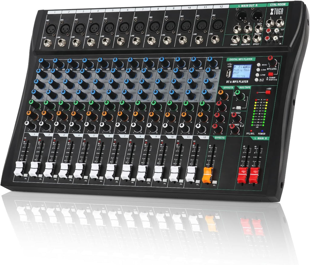 XTUGA 12 Channel Audio Mixer, Professional Sound Board Mixer, DJ Mixing Console System Audio Interface,48V Phantom Digital Effect for PC Podcast Studio Karaoke Streaming Live Recording(CT120)