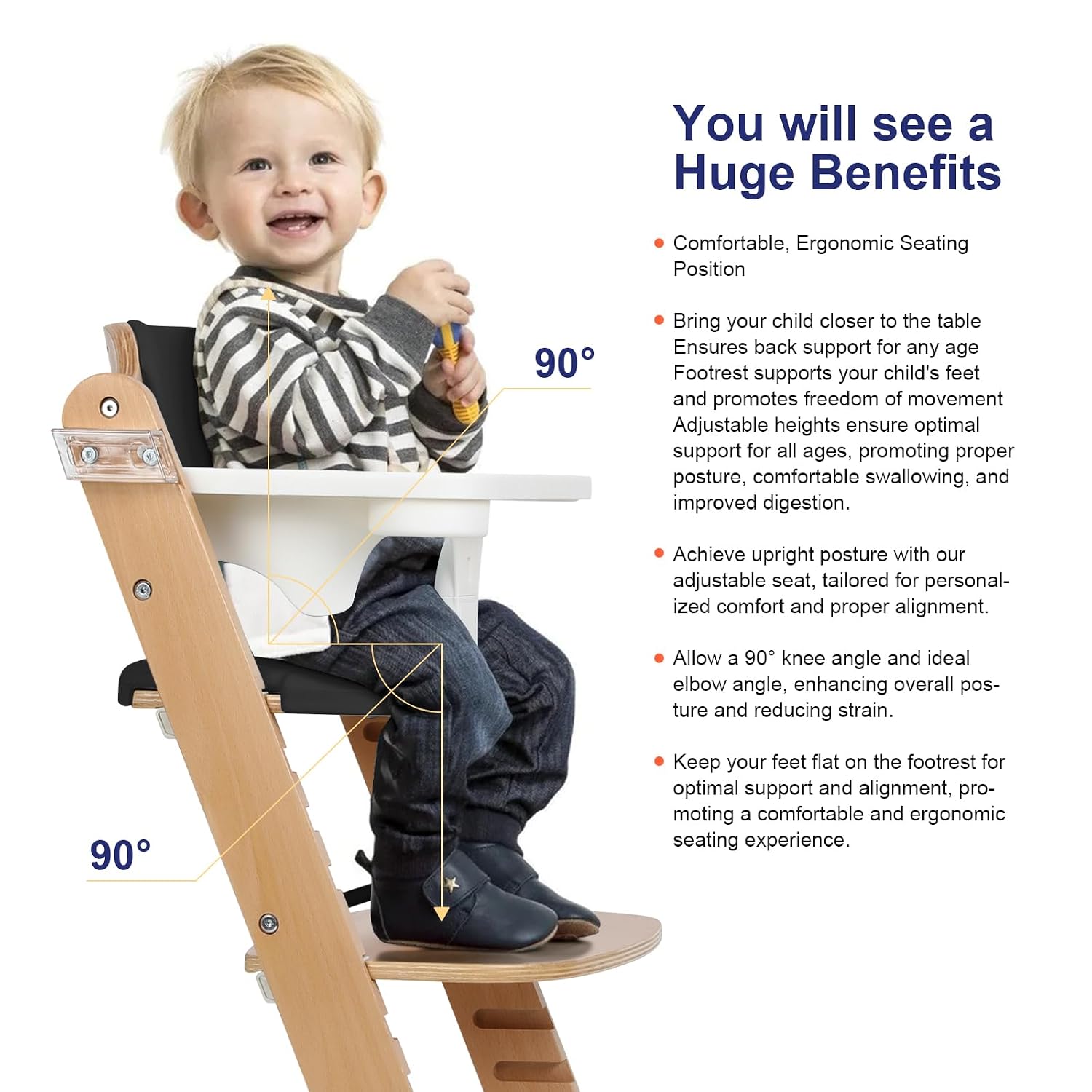 Cowiewie Natural Wooden High Chair for Babies & Toddlers 3-Tier Remove & 2 Adjustable Tray, 8 Adjustable Highchair with Cushions, Easy to Clean (Black)