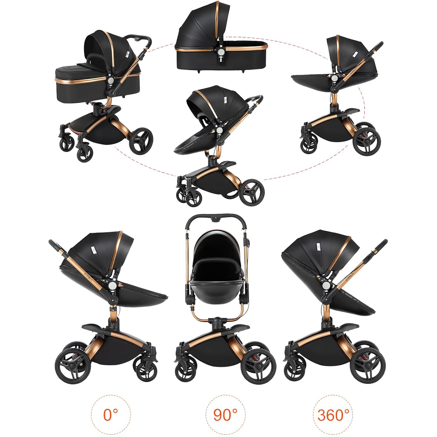 360° Rotatable PU Leather 2 in 1 Convertible Baby Stroller Mode, Infant Stroller One-Click Folding, Toddler Newborn Travel Standard Carriage Pram (HR002-Black)